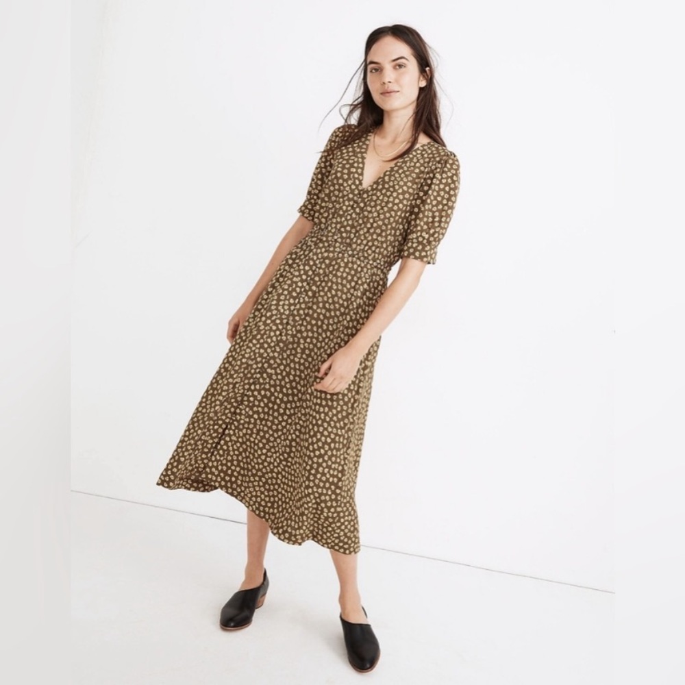 Madewell Button-Cuff Midi Dress in Woodcut Flowers Sz 00